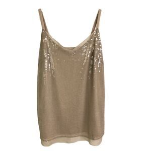 White House Black Market Top‎ Womens XS Beige Sequins Camisole Tank V-Neck Go Go